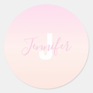 Lichtroze & perzikgradiënt Ombre Naam & Monogram Ronde Sticker