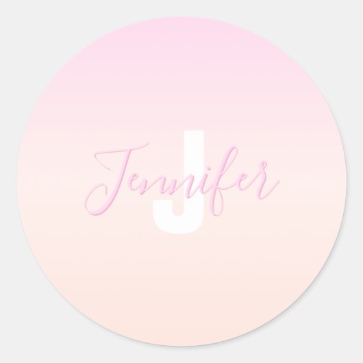 Lichtroze & perzikgradiënt Ombre Naam & Monogram Ronde Sticker (Voorkant)
