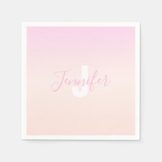 Lichtroze & perzikgradiënt Ombre Naam & Monogram Servet (Voorkant)