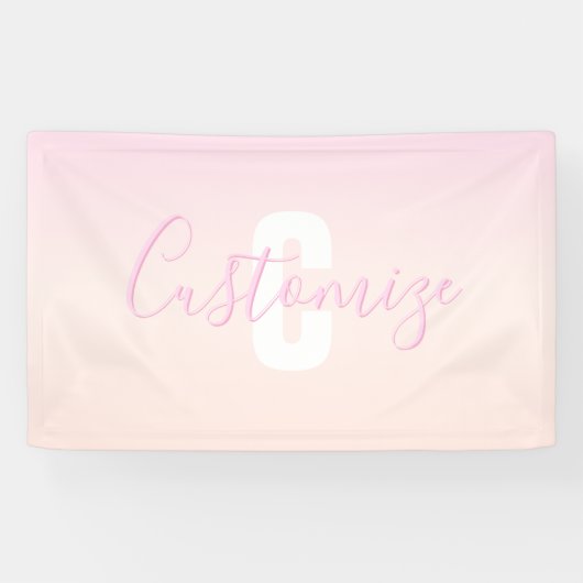 Lichtroze & perzikgradiënt Ombre Naam & Monogram Spandoek (Horizontaal)