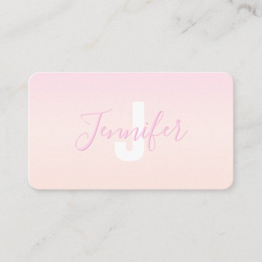 Lichtroze & perzikgradiënt Ombre Naam & Monogram Visitekaartje (Voorkant)