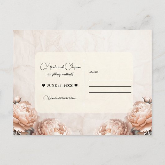 Lichtroze pioenbloemen  Save the Date Aankondigingskaart (Achterkant)