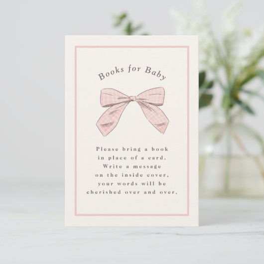 Lichtroze Plaid Bow Elegant Baby shower Informatiekaartje (Staand voorkant)