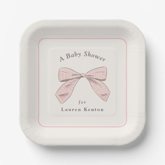 Lichtroze Plaid Bow Elegant Meisje Baby shower Papieren Bordje (Voorkant)