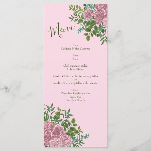 Lichtroze pony en Roos Floral Wedding Menu (Voorkant)