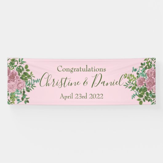 Lichtroze pony en Roos Floral Wedding Spandoek (Horizontaal)