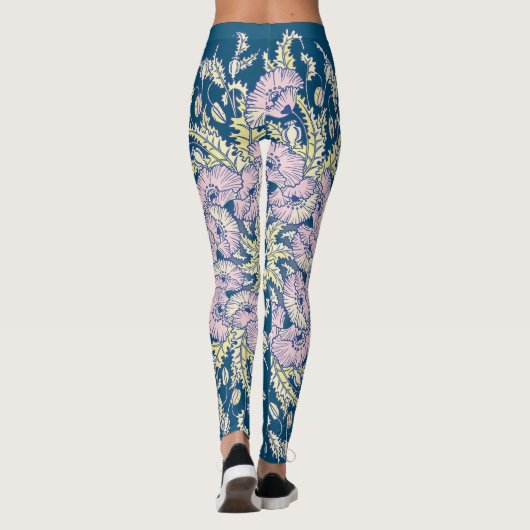 Lichtroze Poppies op Donkerblauw, Botanisch, Bloem Leggings (Achterkant)