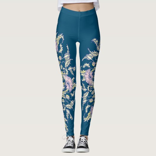 Lichtroze Poppies op Donkerblauw, Botanisch, Bloem Leggings (Voorkant)