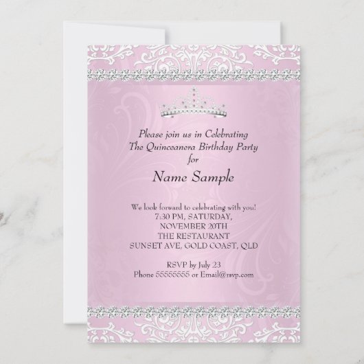 Lichtroze Quinceanera 15e verjaardag Tiara Kaart (Achterkant)