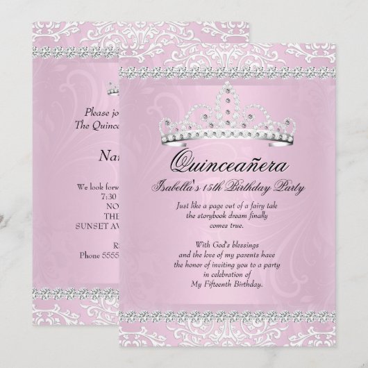 Lichtroze Quinceanera 15e verjaardag Tiara Kaart (Voorkant / Achterkant)