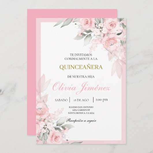 Lichtroze quinceañera kaart (Voorkant / Achterkant)