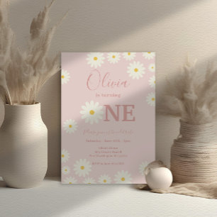 Lichtroze Retro Daisy Floral 1e Verjaardagsfeest Kaart
