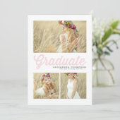 Lichtroze Retro Script Drie Foto Afstudeerfeest Kaart (Staand voorkant)