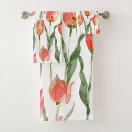 Lichtroze Rood tulpenveldpatroon Bad Handdoek