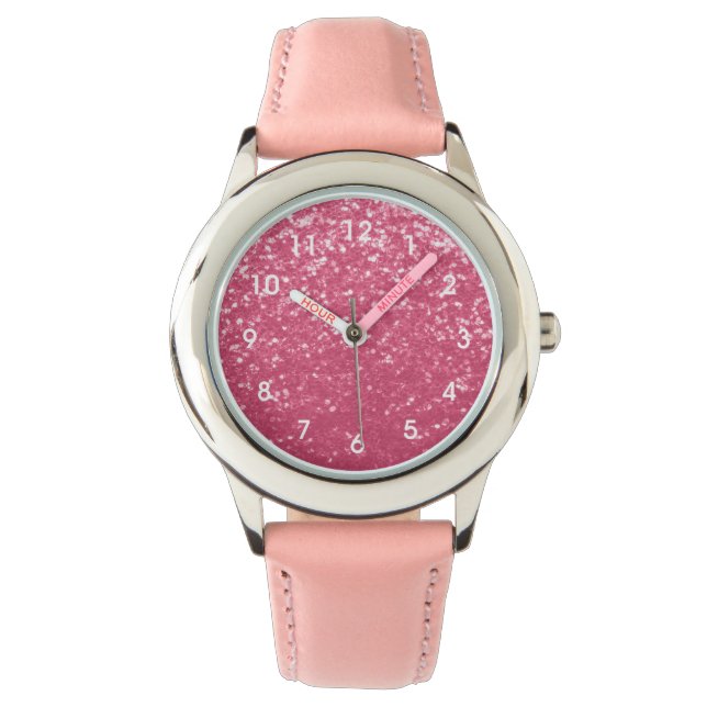 Lichtroze roos faux fonkelt glitter met cijfers horloge (Voorkant)