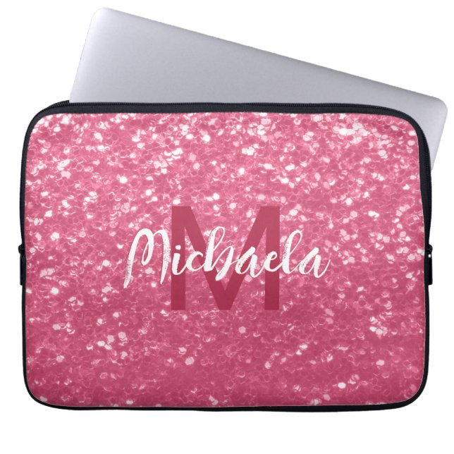 Lichtroze roos faux sparkles glitter Monogram Laptop Sleeve (Voorkant)