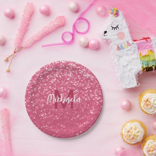 Lichtroze roos faux sparkles glitter Monogram Papieren Bordje (Feest)