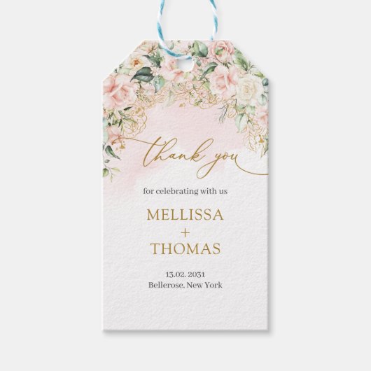 Lichtroze rozen moderne kalligrafie script bruilof cadeaulabel (Voorkant)