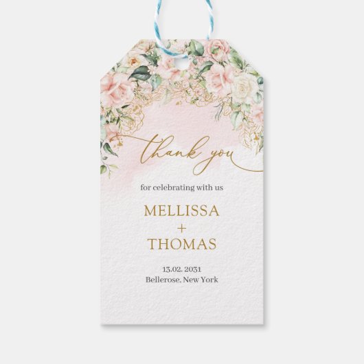 Lichtroze rozen moderne kalligrafie script bruilof cadeaulabel (Achterkant)