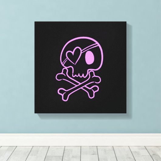 Lichtroze schedel en kruisbeenderen met hartepatch canvas afdruk (Insitu (Houten vloer))