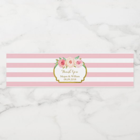 Lichtroze strepen Bloemen Gouden Waterflesje Etike Waterfles Etiket (Enkel label)