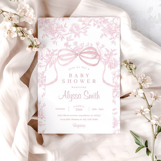 Lichtroze strik en Toile Baby shower Kaart