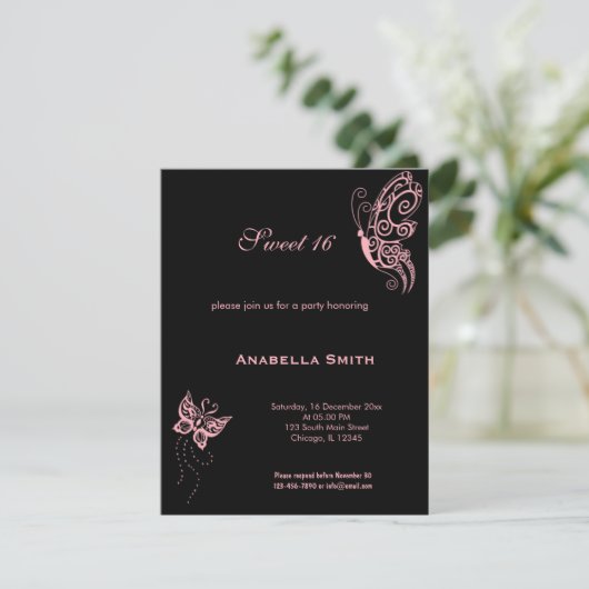Lichtroze Sweet 16 Butterflies Kaart (Staand voorkant)