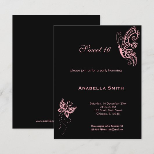 Lichtroze Sweet 16 Butterflies Kaart (Voorkant / Achterkant)