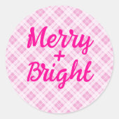 Lichtroze tartan Christmas feestdagen Merry Bright Ronde Sticker (Voorkant)