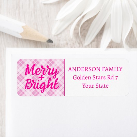 Lichtroze tartan Merry Bright Christmas feestdagen Etiket (Insitu)