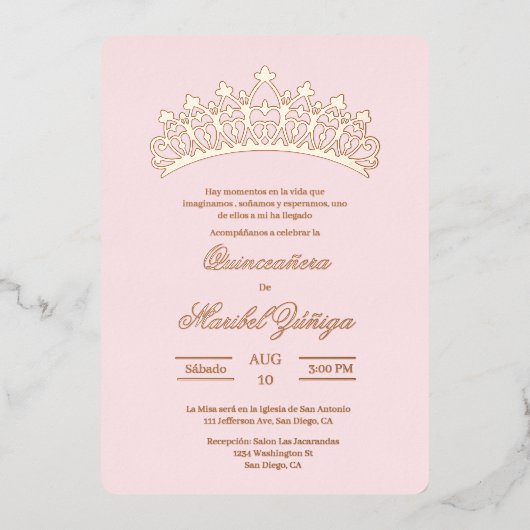 Lichtroze thema Quinceanera Folie Uitnodiging (Voorkant)