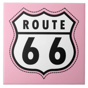 Lichtroze verkeersbord Route 66 Tegeltje