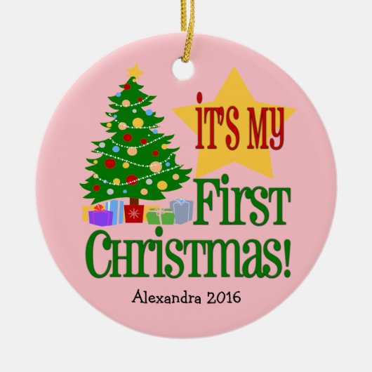 Lichtroze w/Tree Baby's eerste kerst Ornament (Voorkant)