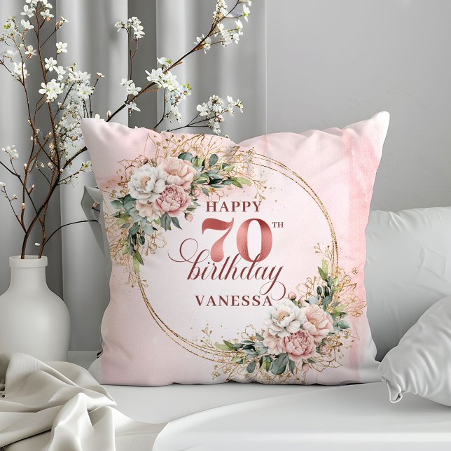 Lichtroze Waterverf Bloemen Kussen 70e Verjaardag (Light Pink Watercolor Flowers Pillow 70th Birthday Pillow)