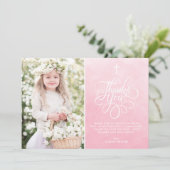 Lichtroze Waterverf Eerste Heilige Communie Bedankkaart (Staand voorkant)