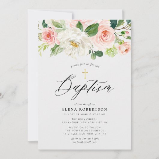 lichtroze waterverf florale baptisme uitnodiging (Voorkant)