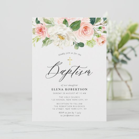 lichtroze waterverf florale baptisme uitnodiging (Staand voorkant)
