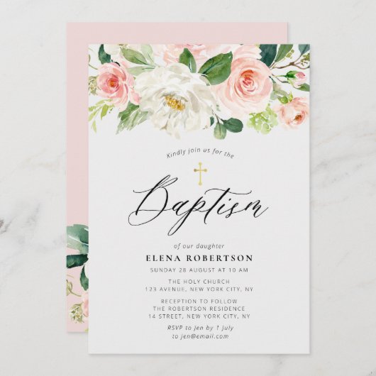 lichtroze waterverf florale baptisme uitnodiging (Voorkant / Achterkant)