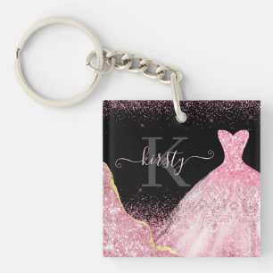 Lichtroze Waterverf Glitter Dress Monogram Sleutelhanger