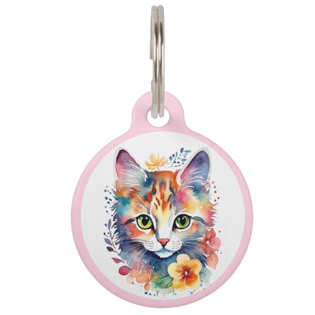 Lichtroze Waterverf stijl Floral Kitten Huisdierpenning (Voorkant)