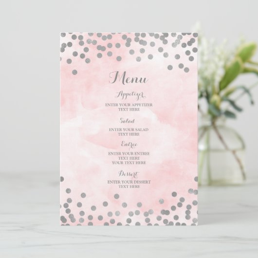 Lichtroze Waterverf Zilver Confetti Wedding Menu (Staand voorkant)