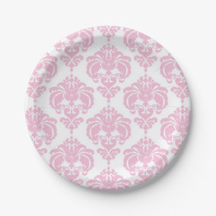 Lichtroze & Witte Damast Chic Elegant Feestje Papieren Bordje