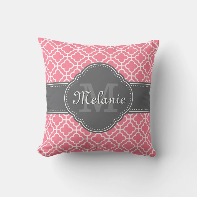 Lichtroze witte Marokkaanse zwarte grijze monogram Kussen (Voorkant)