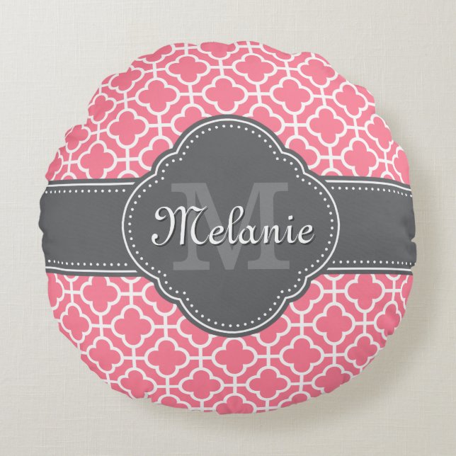 Lichtroze witte Marokkaanse zwarte grijze monogram Rond Kussen (Voorkant)