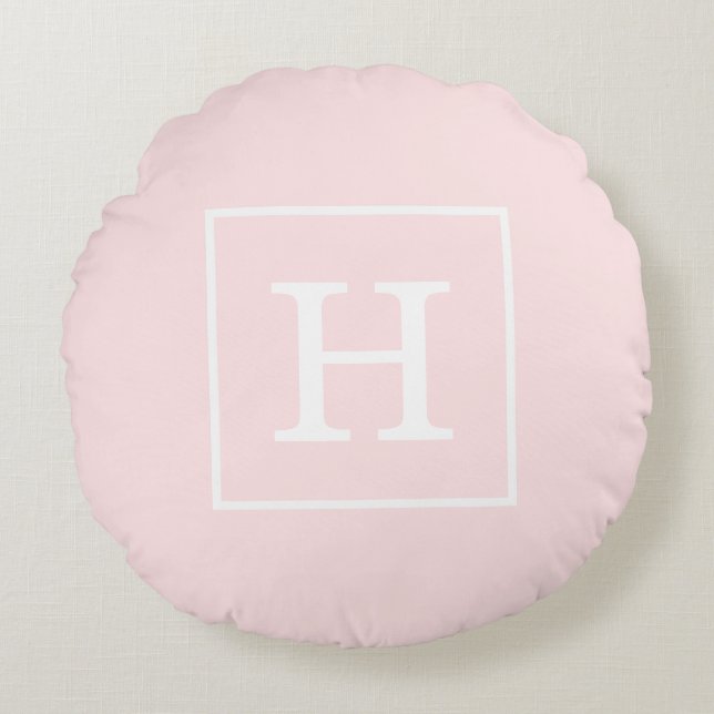 Lichtroze Witte Omlijst Initiaal Monogram Rond Kussen (Voorkant)