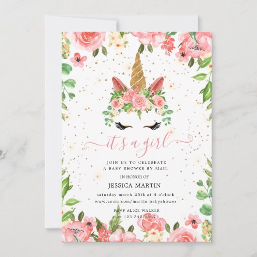 lichtspoeling slaperig unicorn virtueel baby showe kaart (Voorkant)