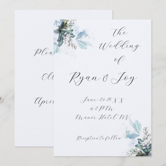 Lichtste van Blauwe Huwelijksuitnodiging Kaart (Voorkant / Achterkant)