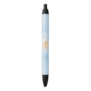 Lichtstralen van het religieuze kruis blauwe inkt pen
