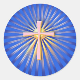 Lichtstralen van het religieuze kruis (op blauw) ronde sticker