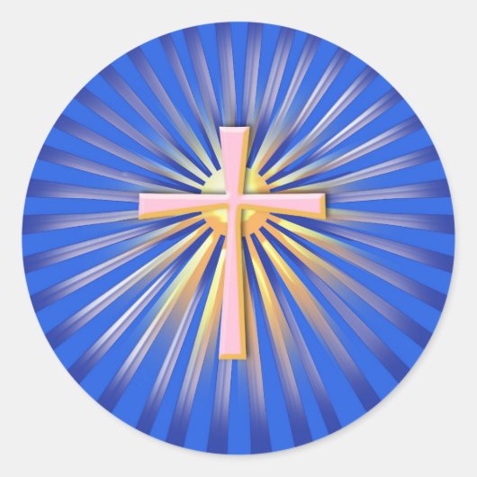 Lichtstralen van het religieuze kruis (op blauw) ronde sticker (Voorkant)